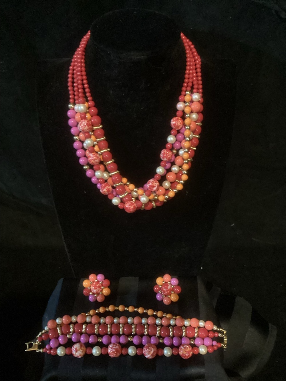 Multi-Strand Coral Pink Bead Necklace, Earrings, and Bracelet Set